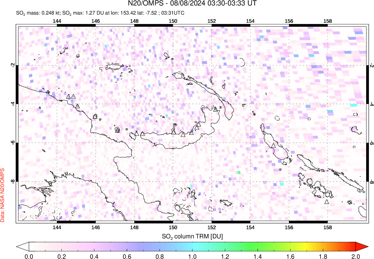 A sulfur dioxide image over Papua, New Guinea on Aug 08, 2024.