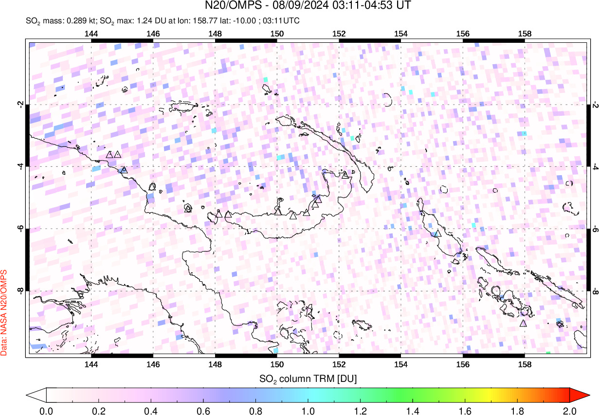 A sulfur dioxide image over Papua, New Guinea on Aug 09, 2024.