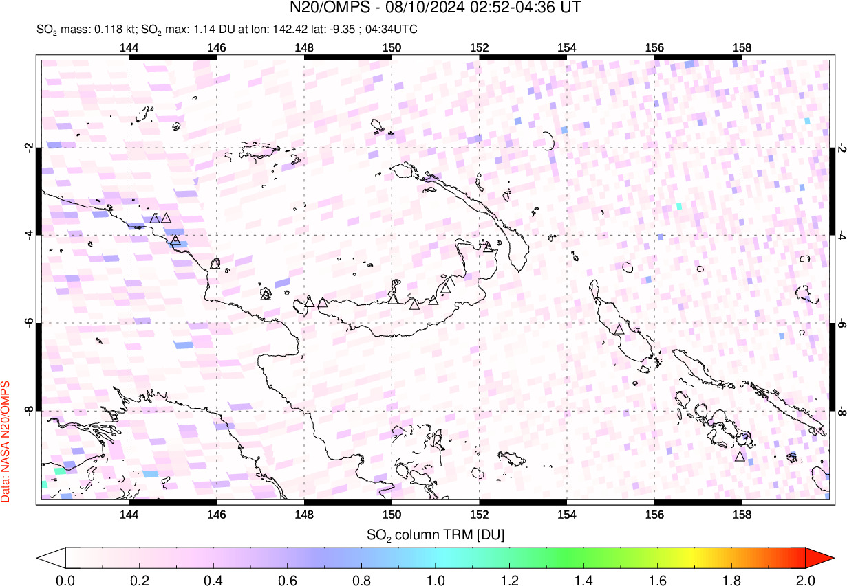 A sulfur dioxide image over Papua, New Guinea on Aug 10, 2024.