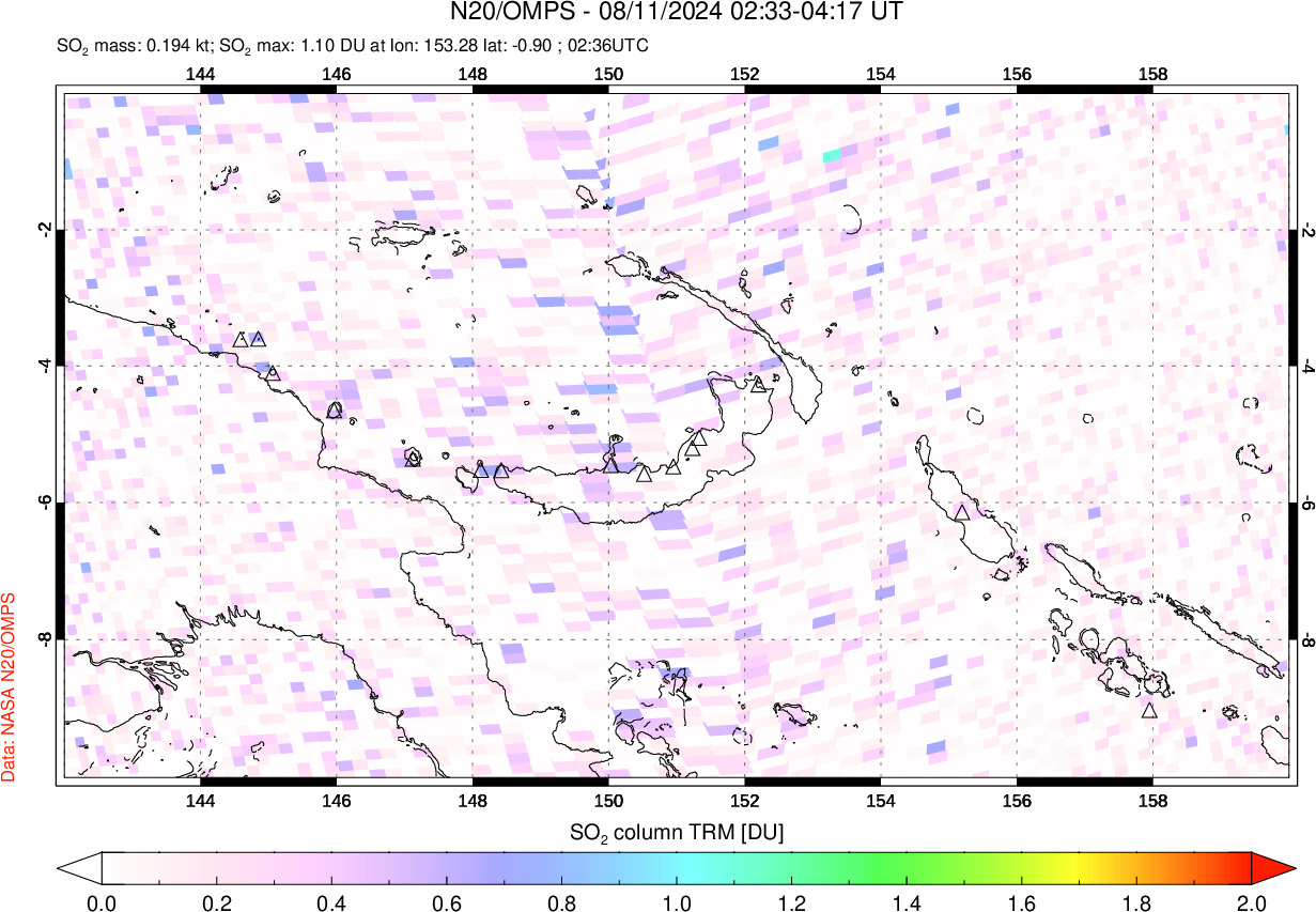 A sulfur dioxide image over Papua, New Guinea on Aug 11, 2024.