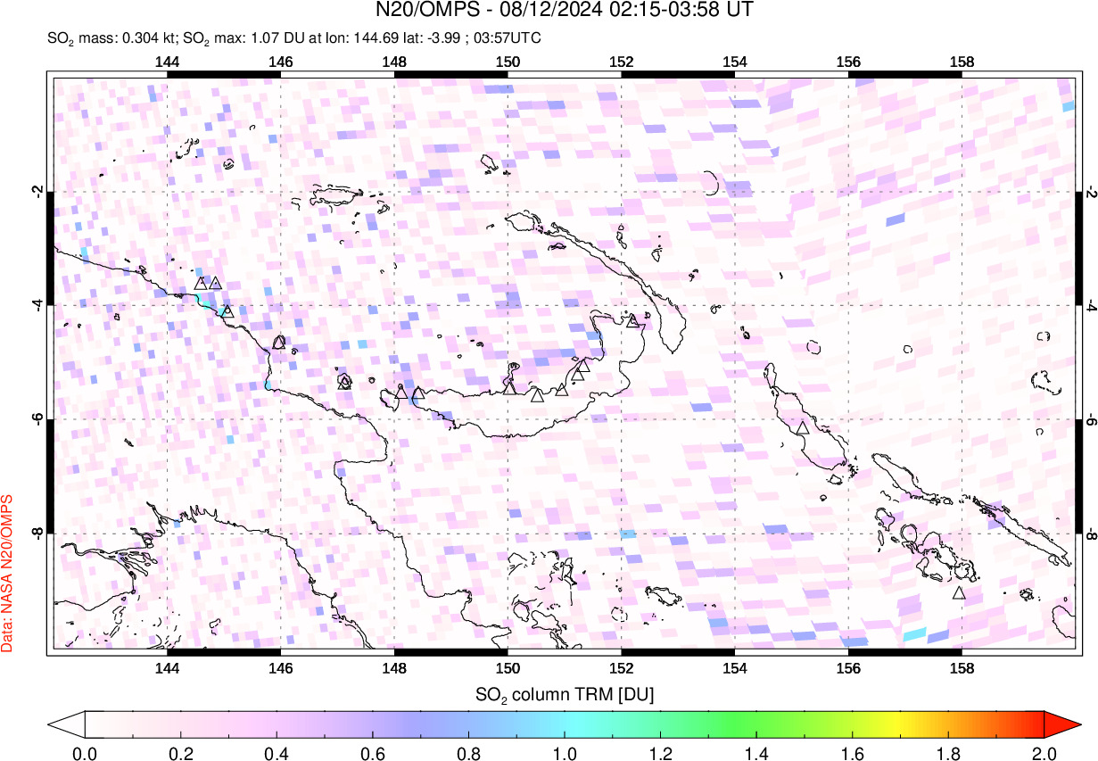 A sulfur dioxide image over Papua, New Guinea on Aug 12, 2024.