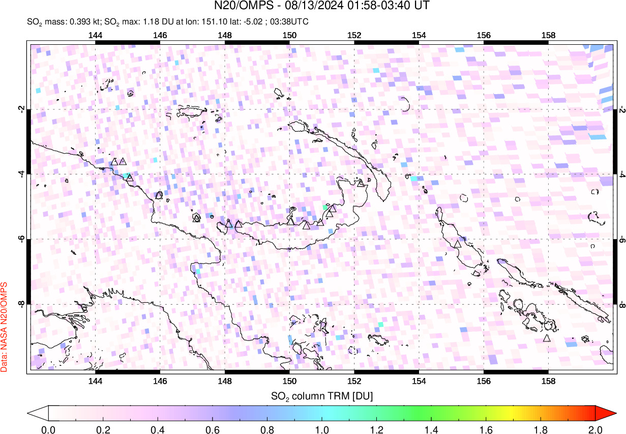 A sulfur dioxide image over Papua, New Guinea on Aug 13, 2024.