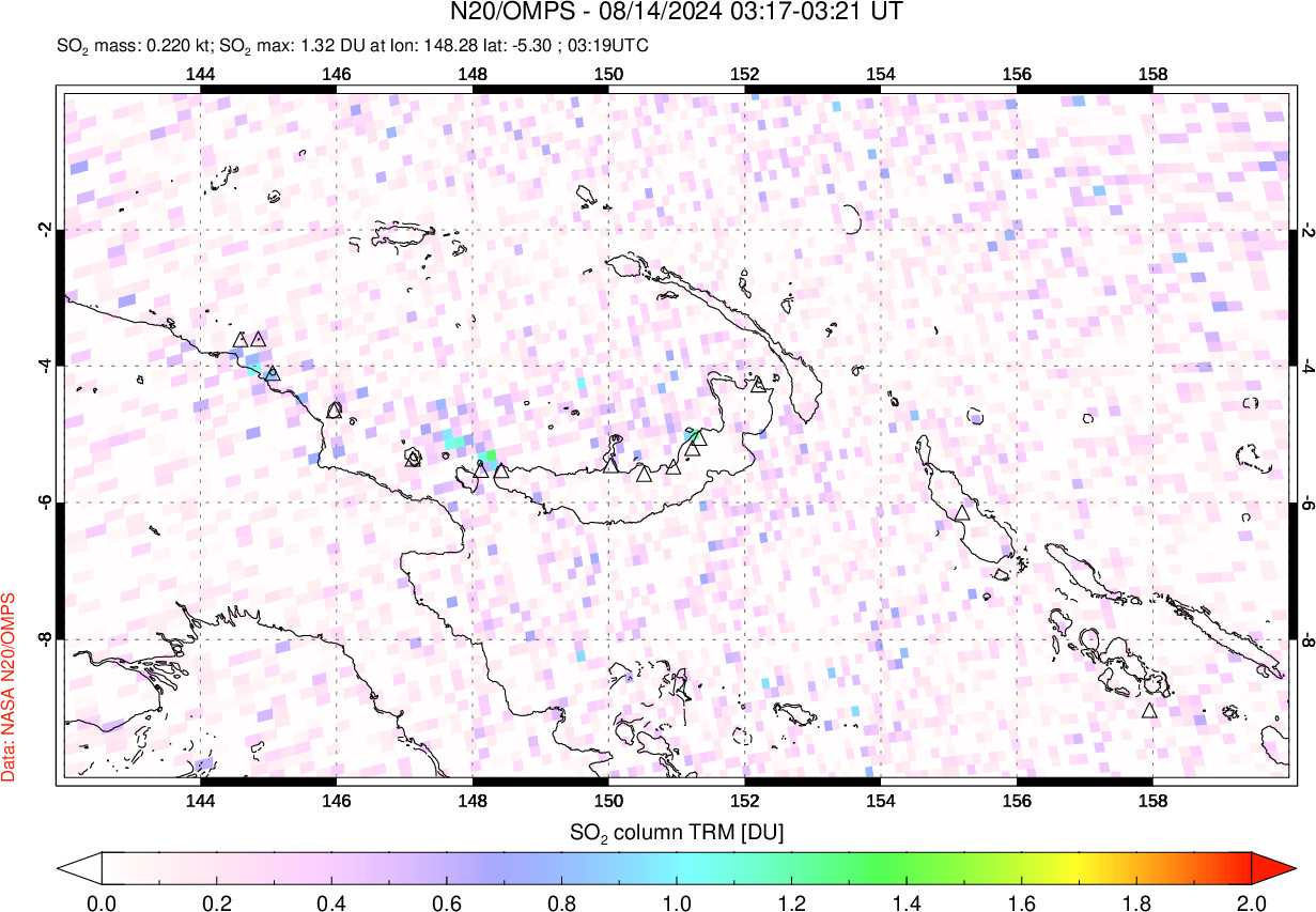 A sulfur dioxide image over Papua, New Guinea on Aug 14, 2024.