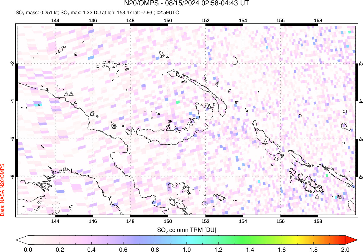 A sulfur dioxide image over Papua, New Guinea on Aug 15, 2024.