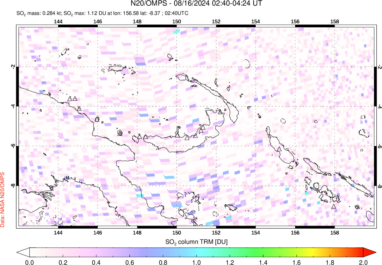 A sulfur dioxide image over Papua, New Guinea on Aug 16, 2024.