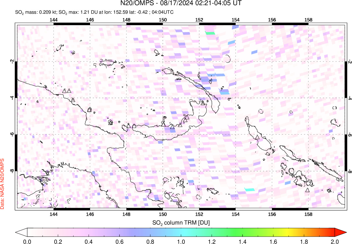 A sulfur dioxide image over Papua, New Guinea on Aug 17, 2024.