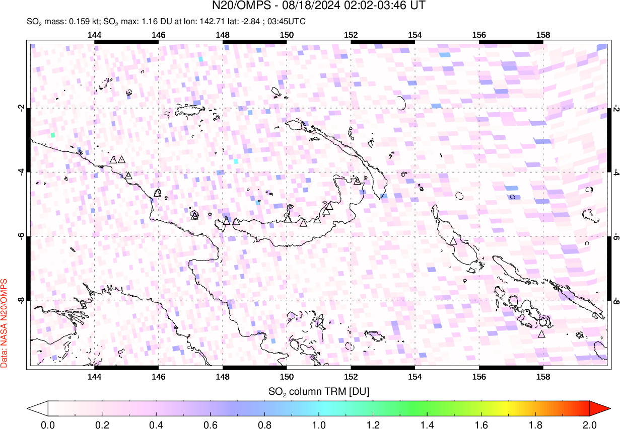 A sulfur dioxide image over Papua, New Guinea on Aug 18, 2024.