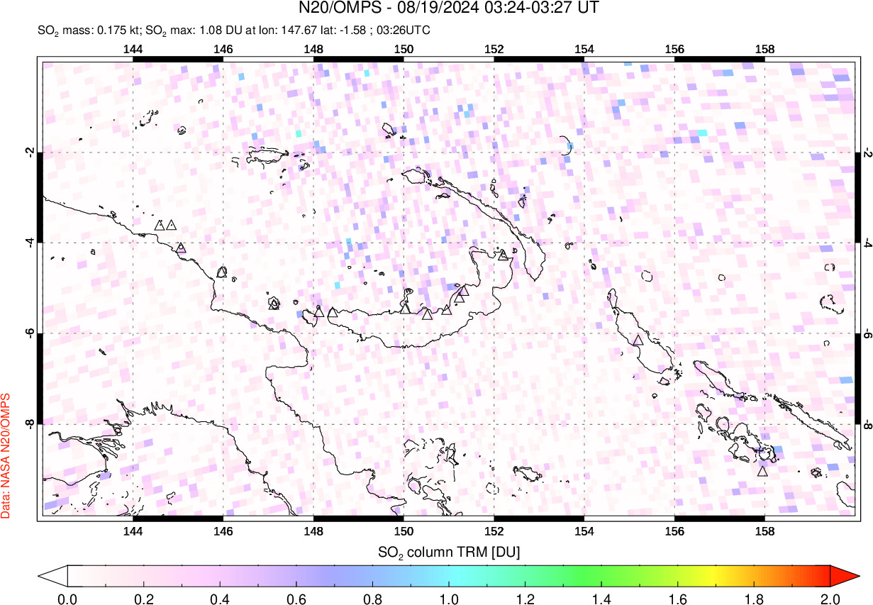 A sulfur dioxide image over Papua, New Guinea on Aug 19, 2024.