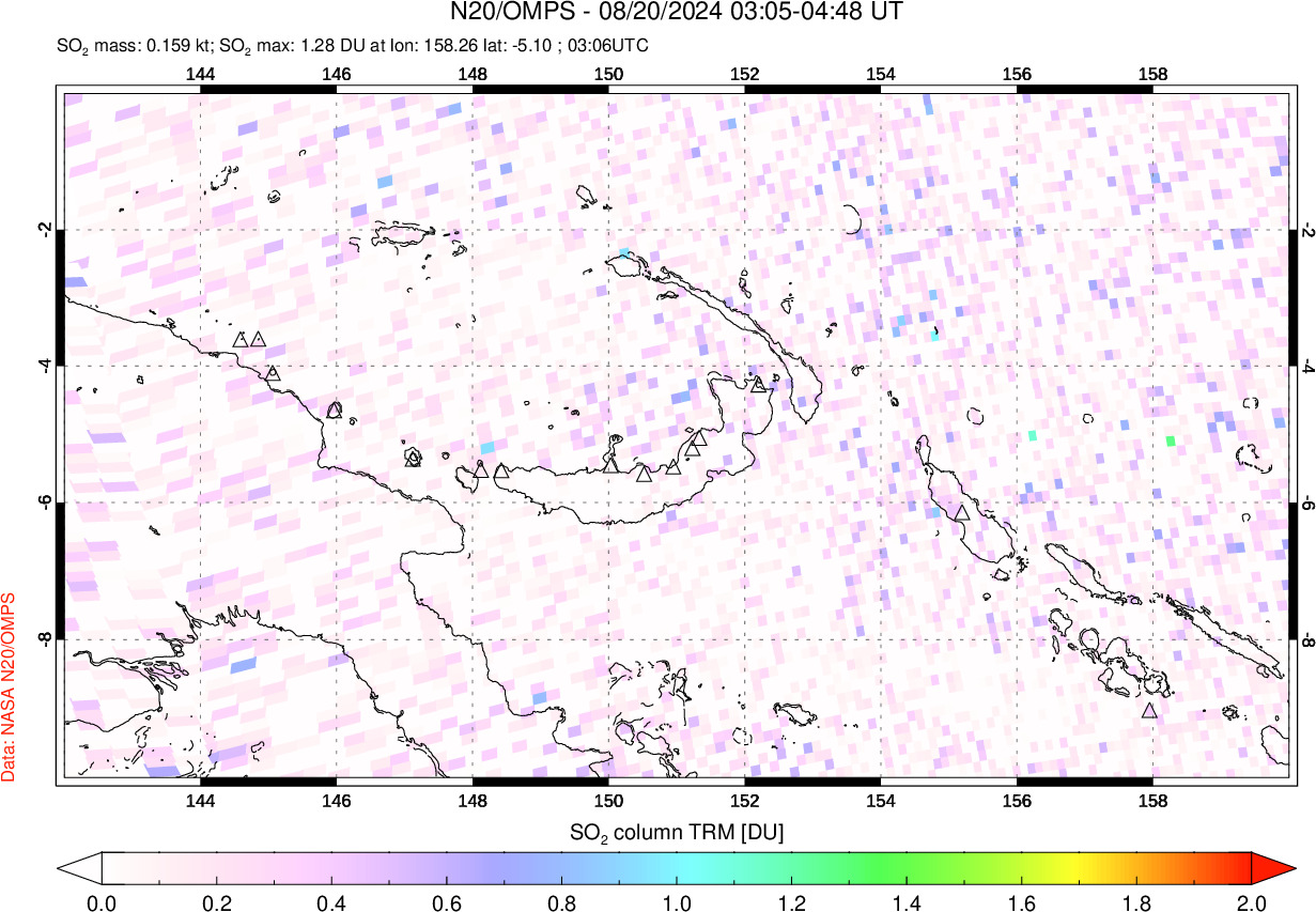 A sulfur dioxide image over Papua, New Guinea on Aug 20, 2024.