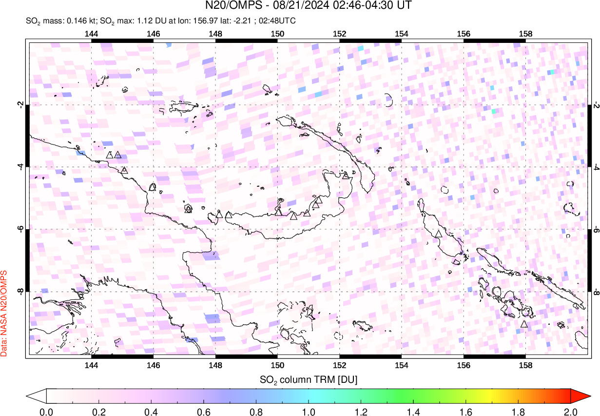 A sulfur dioxide image over Papua, New Guinea on Aug 21, 2024.