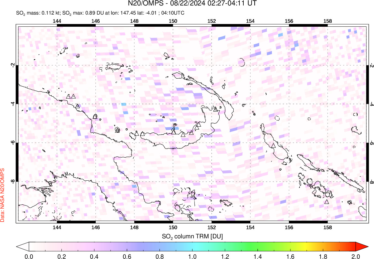 A sulfur dioxide image over Papua, New Guinea on Aug 22, 2024.