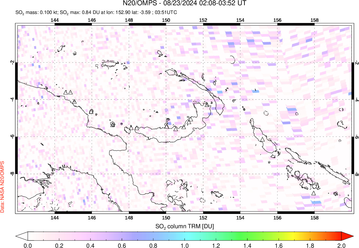 A sulfur dioxide image over Papua, New Guinea on Aug 23, 2024.