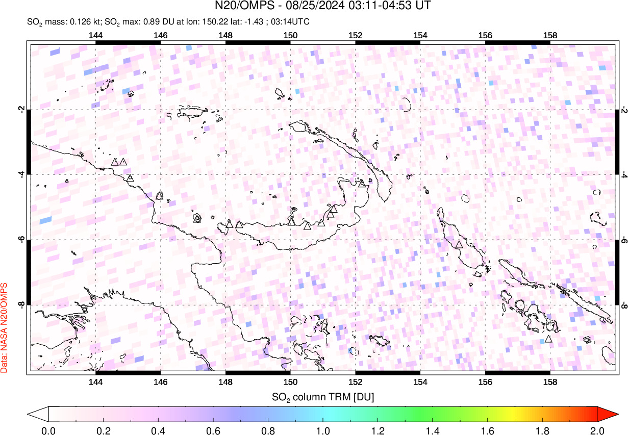 A sulfur dioxide image over Papua, New Guinea on Aug 25, 2024.