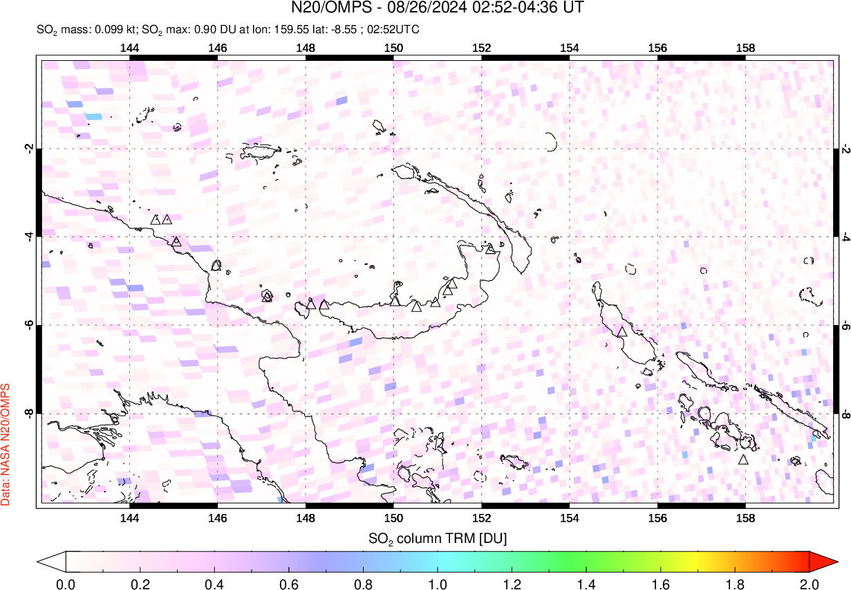 A sulfur dioxide image over Papua, New Guinea on Aug 26, 2024.