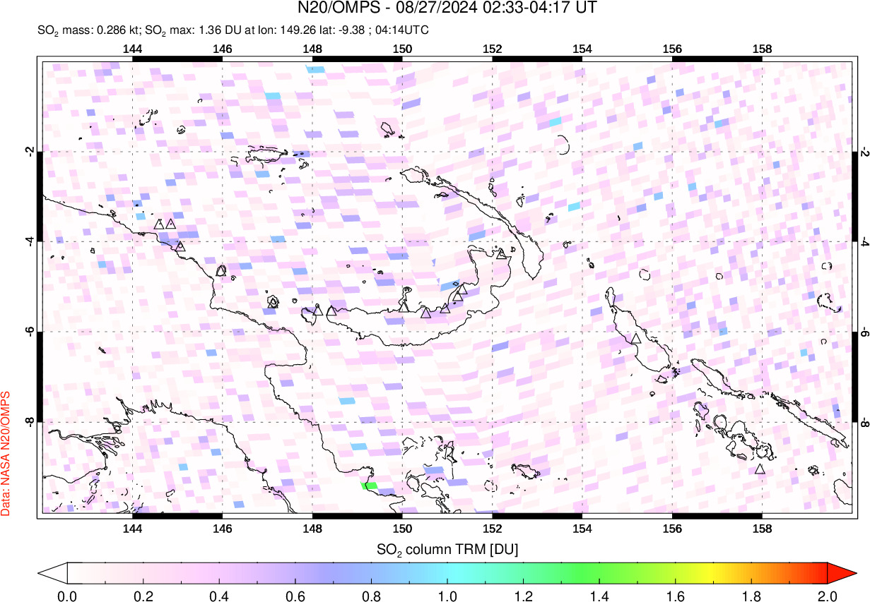 A sulfur dioxide image over Papua, New Guinea on Aug 27, 2024.