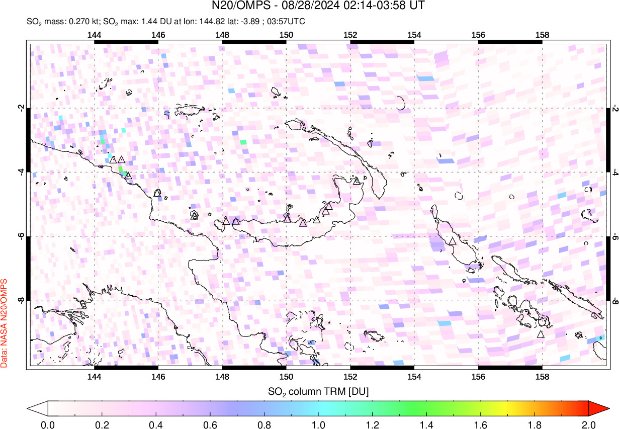 A sulfur dioxide image over Papua, New Guinea on Aug 28, 2024.