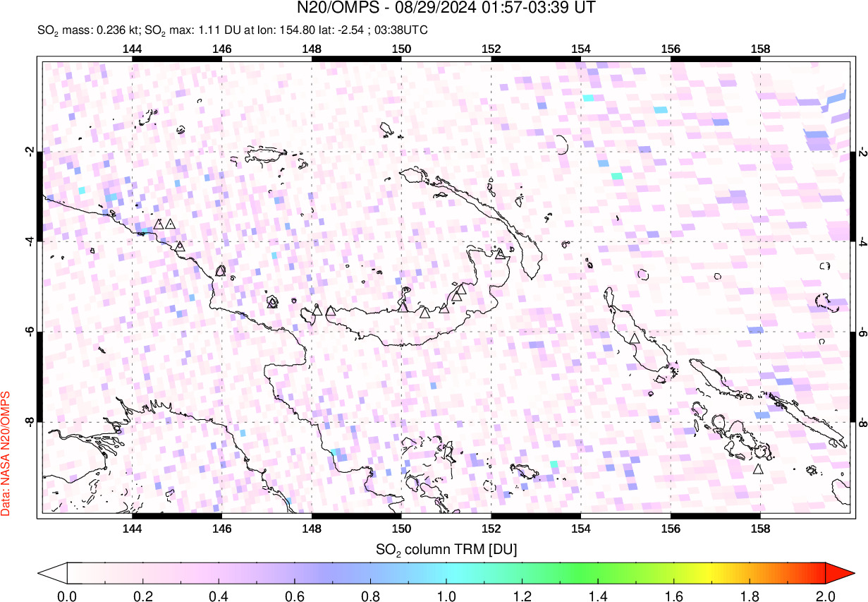 A sulfur dioxide image over Papua, New Guinea on Aug 29, 2024.