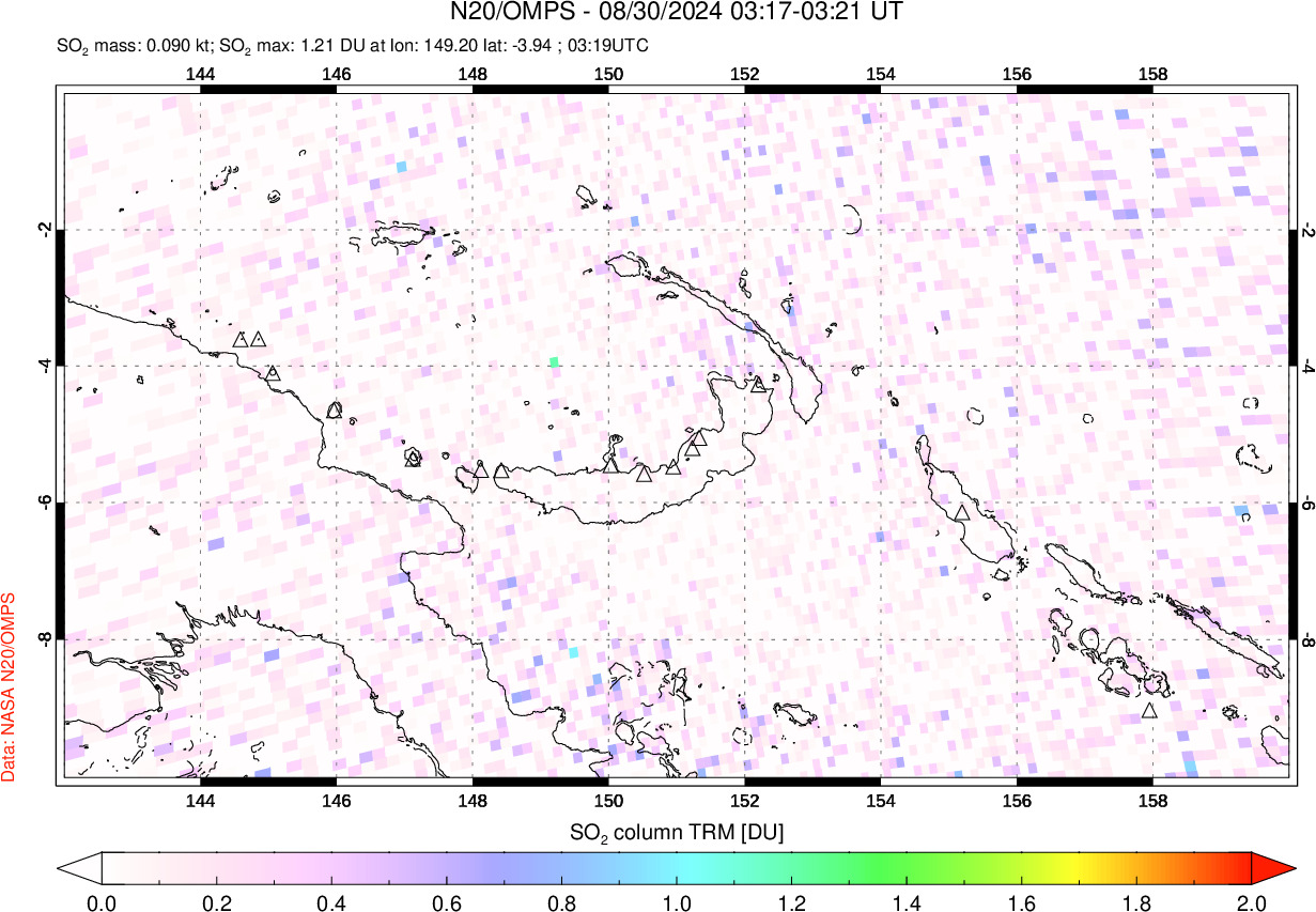 A sulfur dioxide image over Papua, New Guinea on Aug 30, 2024.