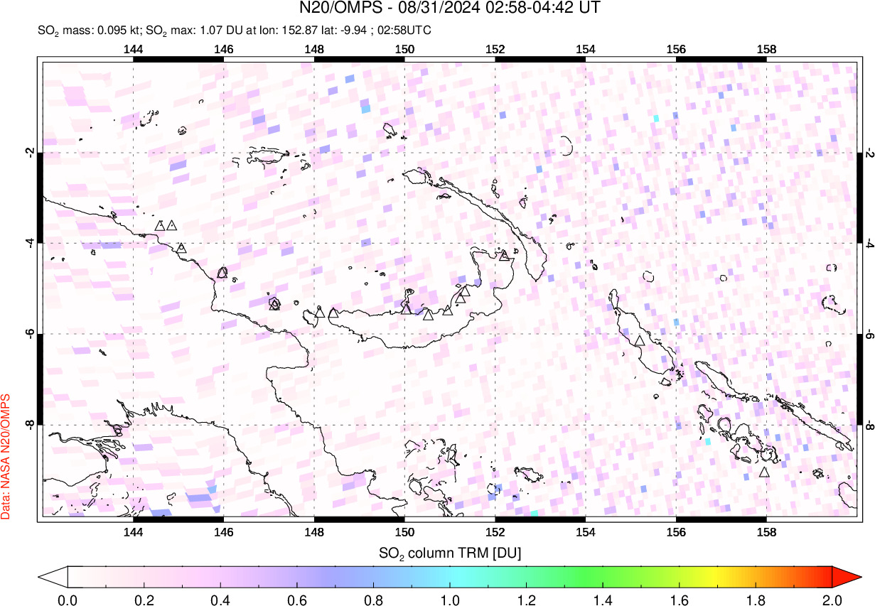 A sulfur dioxide image over Papua, New Guinea on Aug 31, 2024.