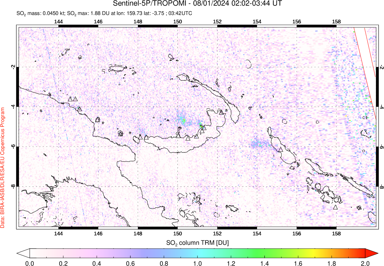 A sulfur dioxide image over Papua, New Guinea on Aug 01, 2024.