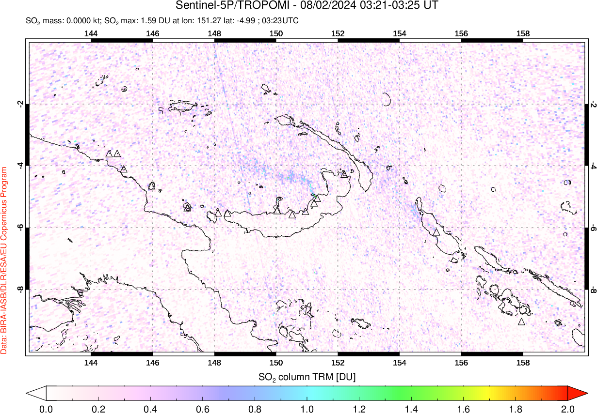 A sulfur dioxide image over Papua, New Guinea on Aug 02, 2024.