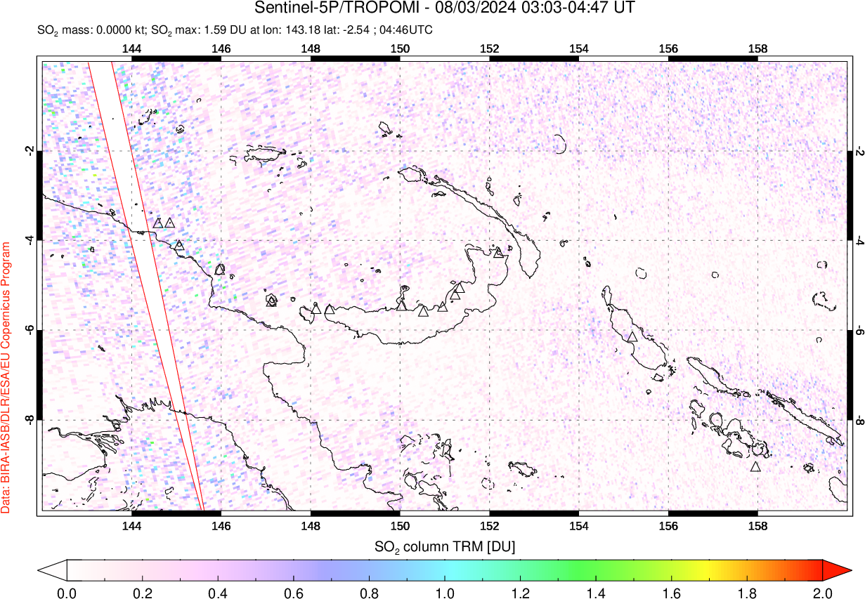 A sulfur dioxide image over Papua, New Guinea on Aug 03, 2024.