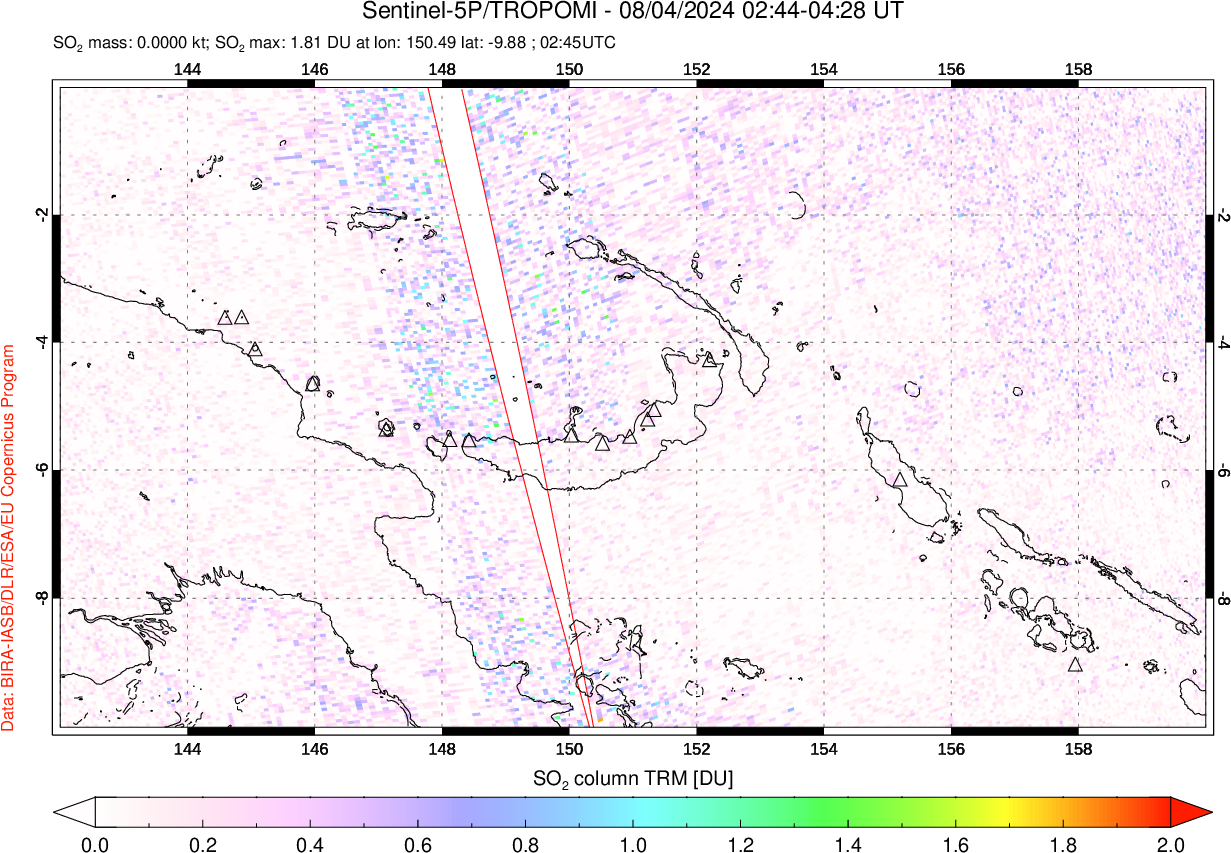 A sulfur dioxide image over Papua, New Guinea on Aug 04, 2024.