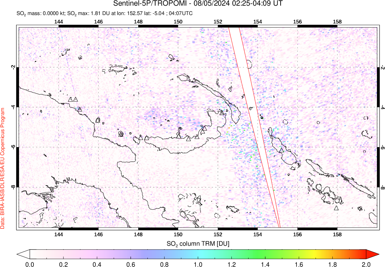 A sulfur dioxide image over Papua, New Guinea on Aug 05, 2024.