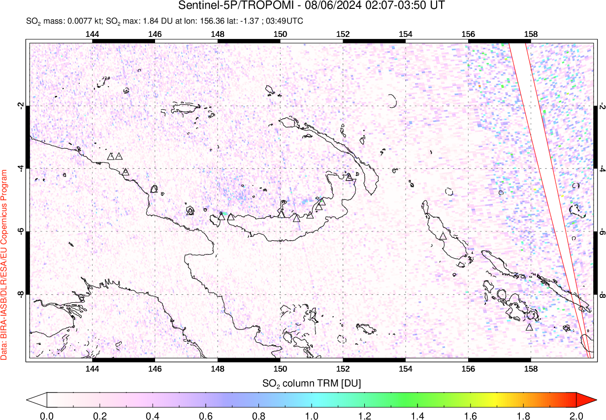 A sulfur dioxide image over Papua, New Guinea on Aug 06, 2024.