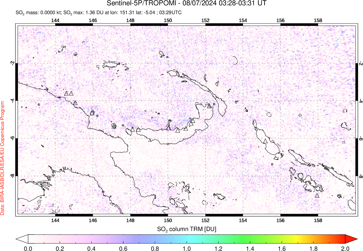 A sulfur dioxide image over Papua, New Guinea on Aug 07, 2024.