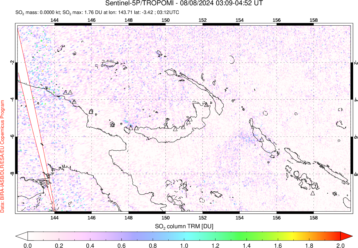 A sulfur dioxide image over Papua, New Guinea on Aug 08, 2024.