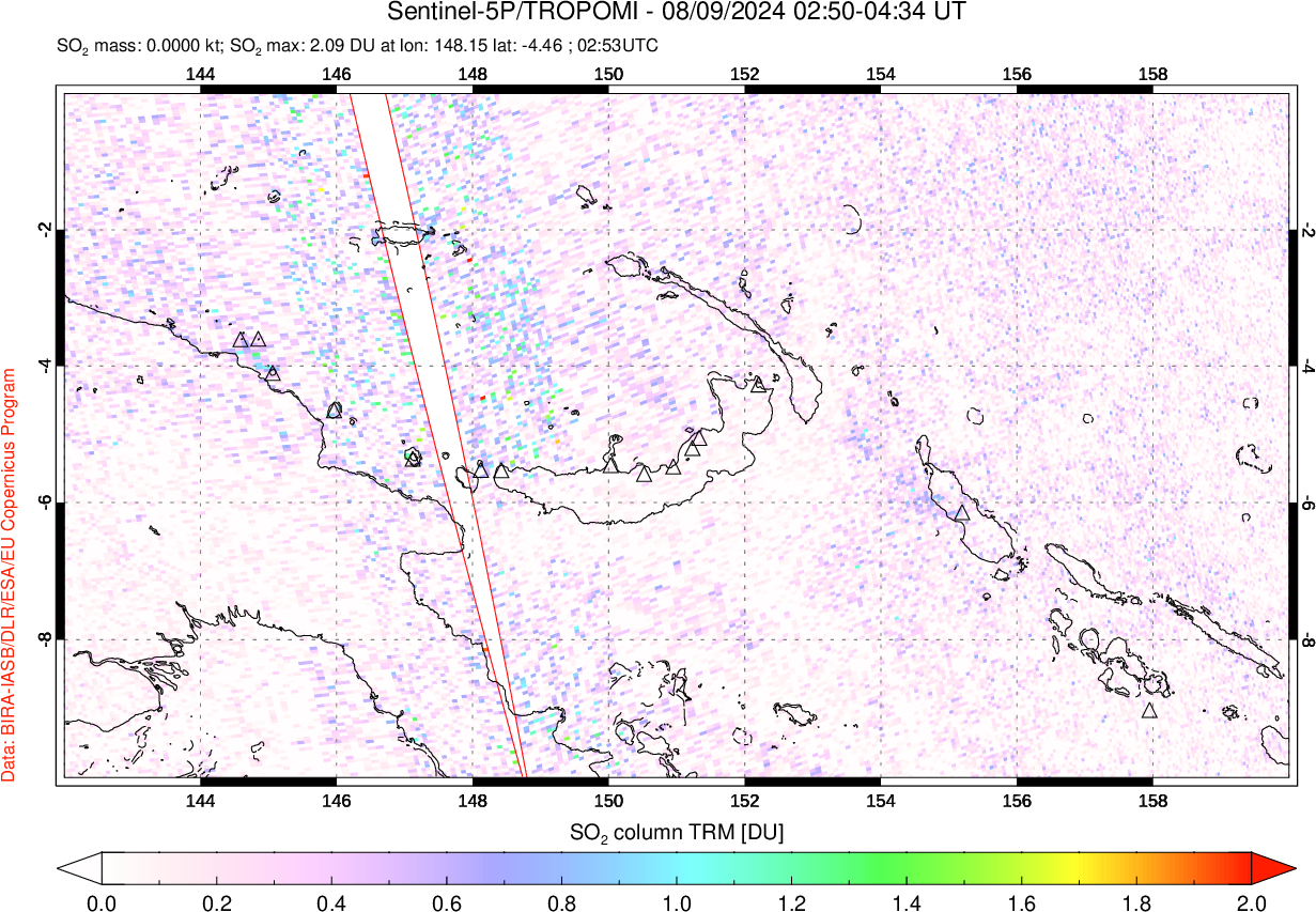 A sulfur dioxide image over Papua, New Guinea on Aug 09, 2024.