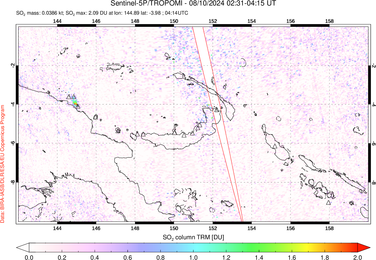 A sulfur dioxide image over Papua, New Guinea on Aug 10, 2024.