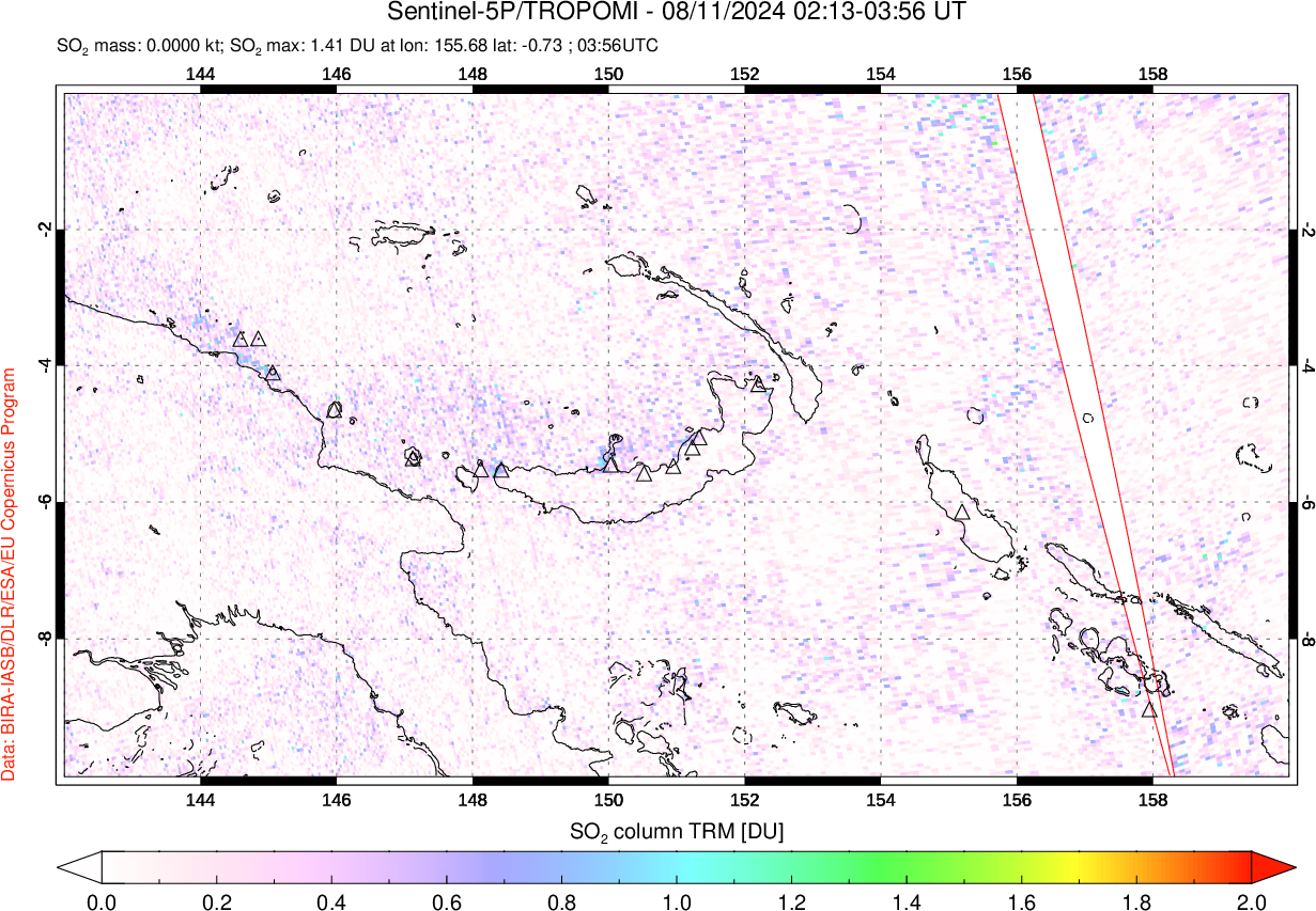 A sulfur dioxide image over Papua, New Guinea on Aug 11, 2024.