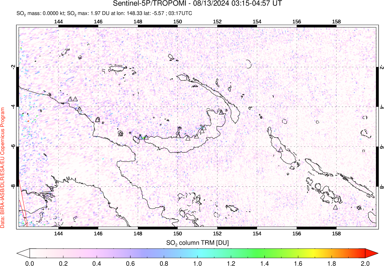 A sulfur dioxide image over Papua, New Guinea on Aug 13, 2024.