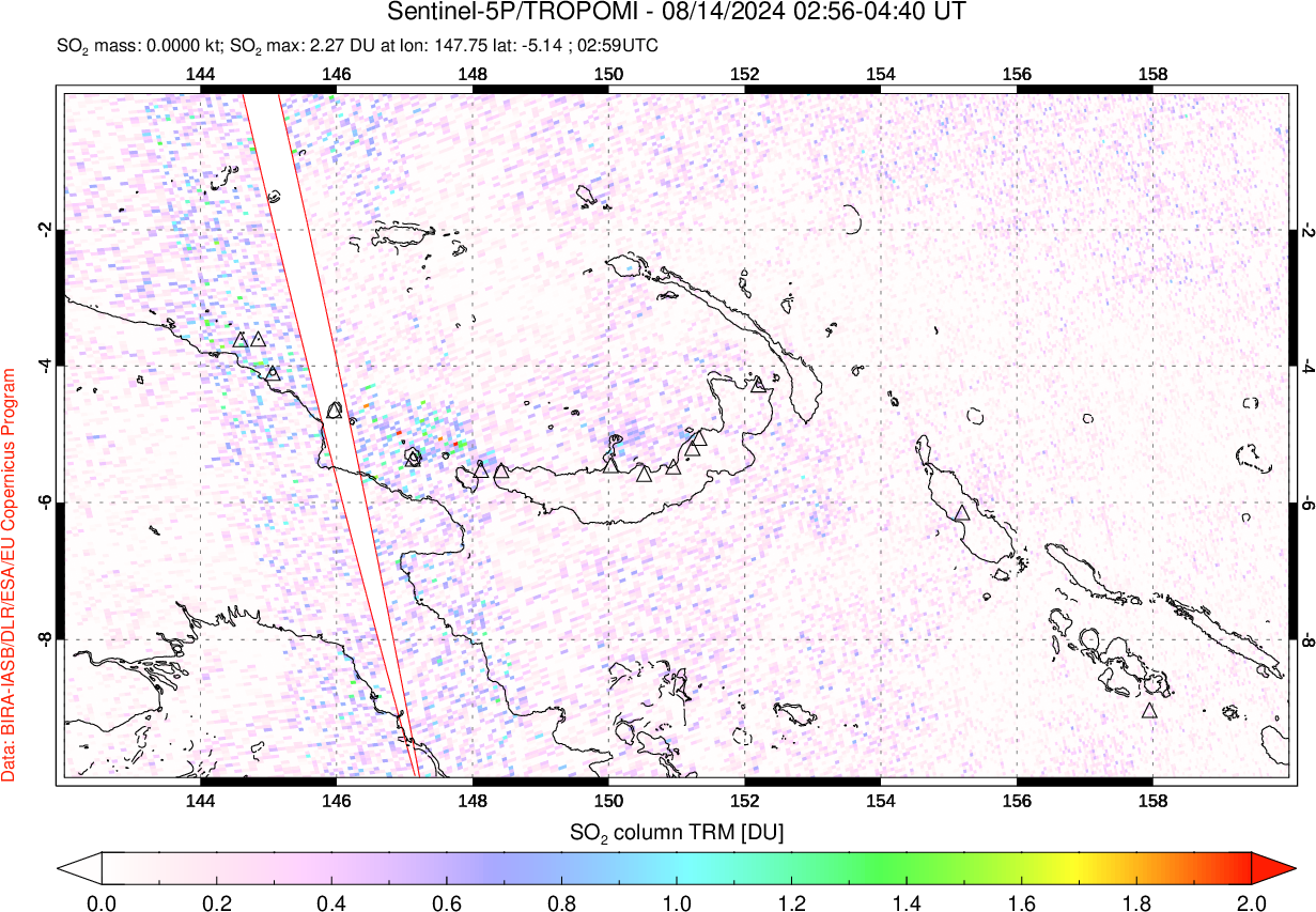 A sulfur dioxide image over Papua, New Guinea on Aug 14, 2024.