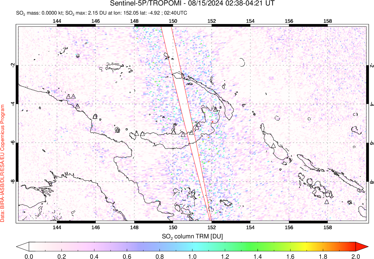 A sulfur dioxide image over Papua, New Guinea on Aug 15, 2024.