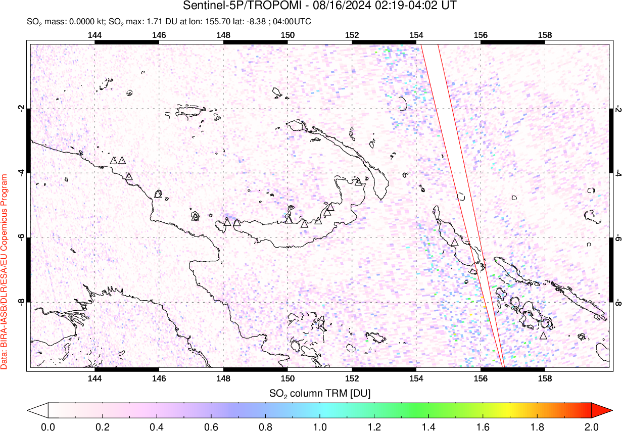 A sulfur dioxide image over Papua, New Guinea on Aug 16, 2024.