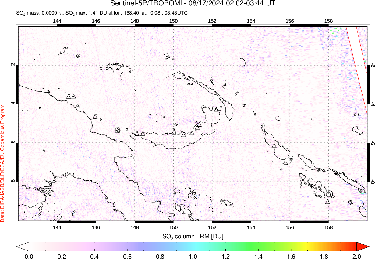 A sulfur dioxide image over Papua, New Guinea on Aug 17, 2024.