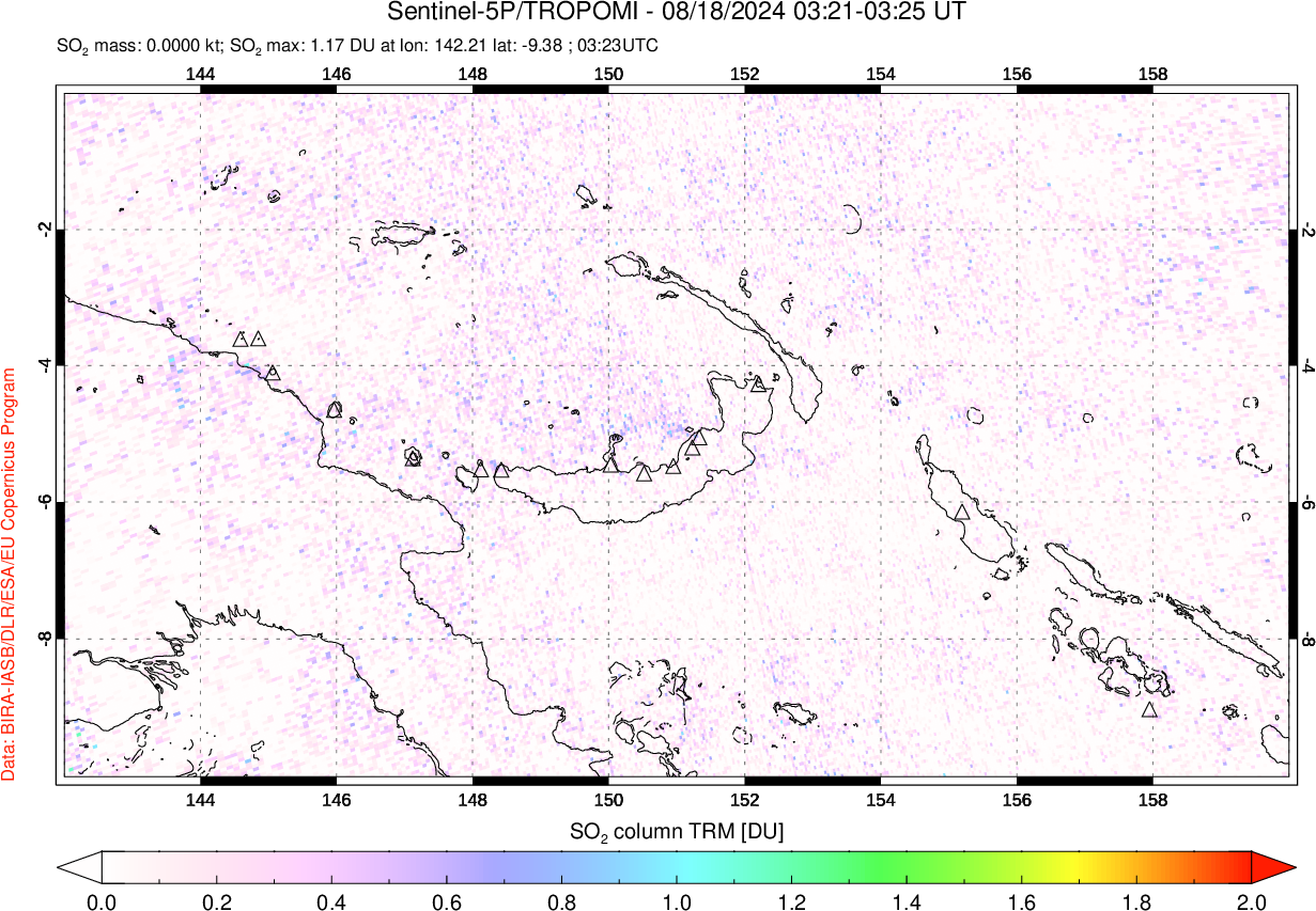 A sulfur dioxide image over Papua, New Guinea on Aug 18, 2024.