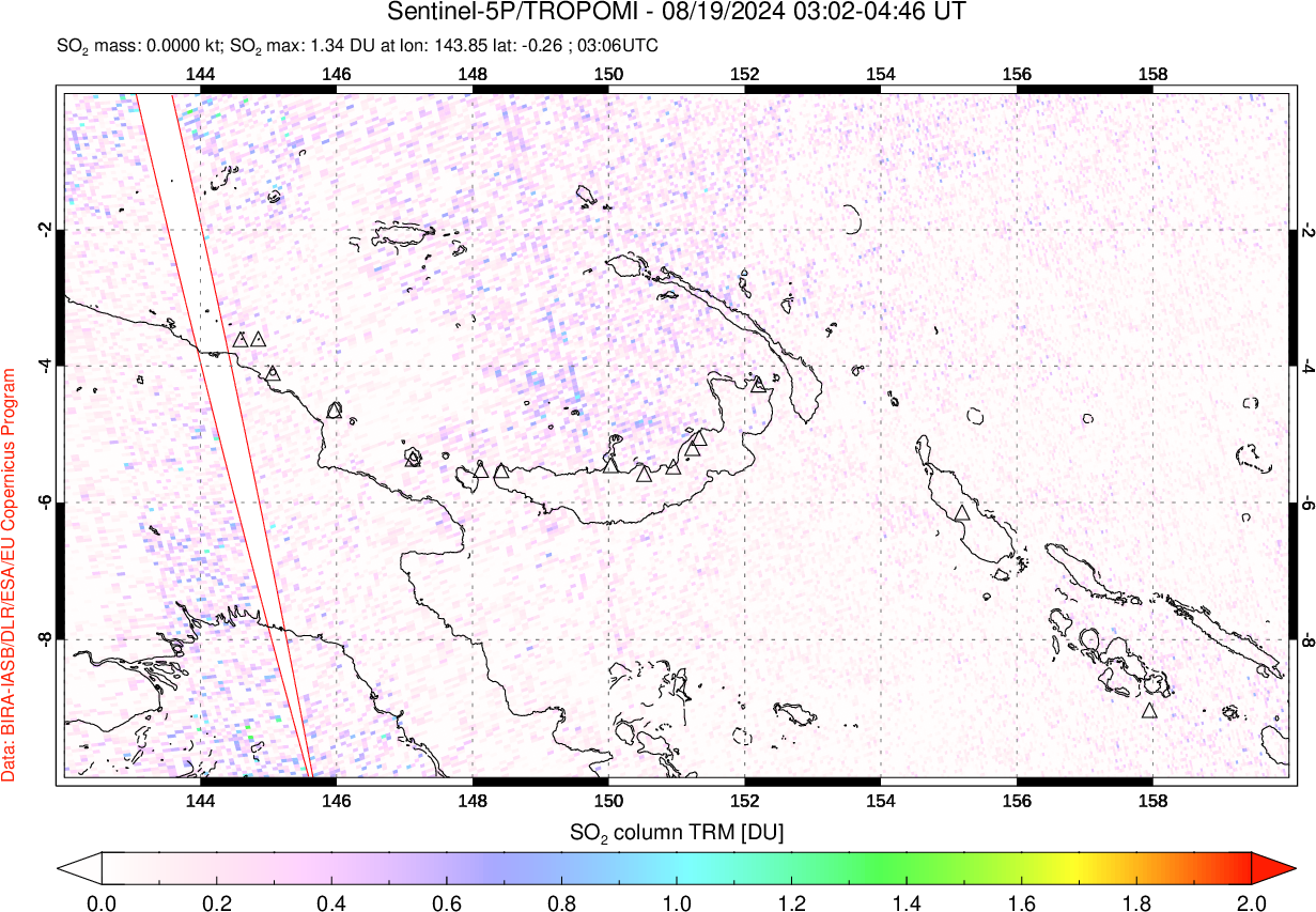 A sulfur dioxide image over Papua, New Guinea on Aug 19, 2024.