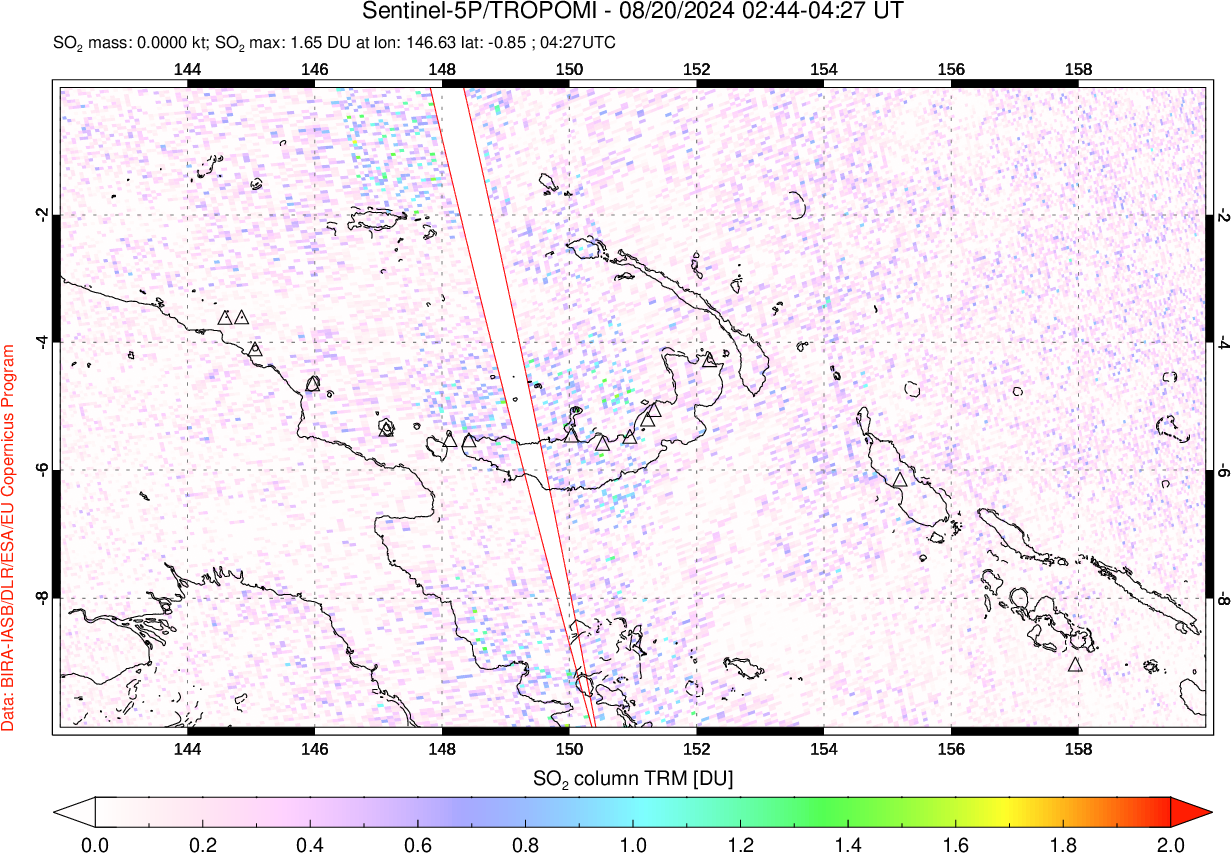 A sulfur dioxide image over Papua, New Guinea on Aug 20, 2024.