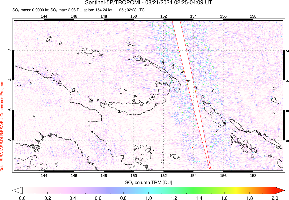 A sulfur dioxide image over Papua, New Guinea on Aug 21, 2024.