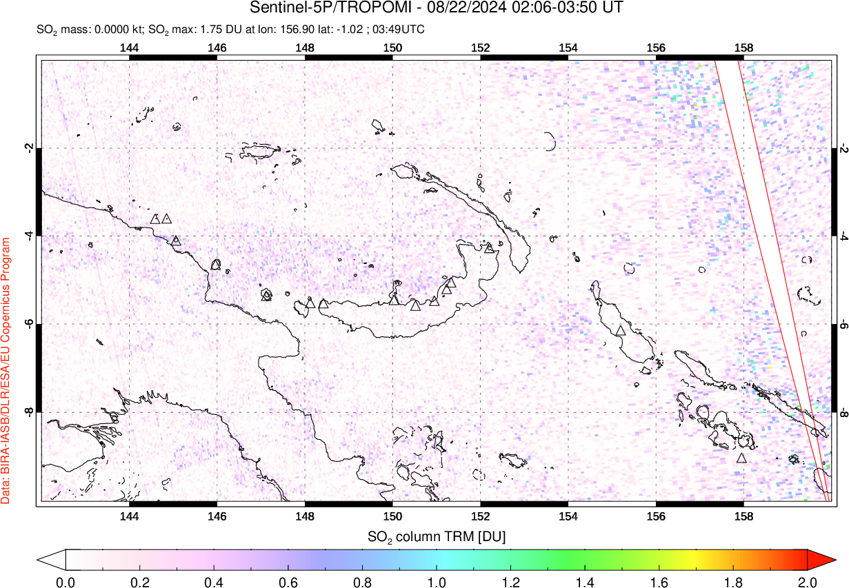 A sulfur dioxide image over Papua, New Guinea on Aug 22, 2024.