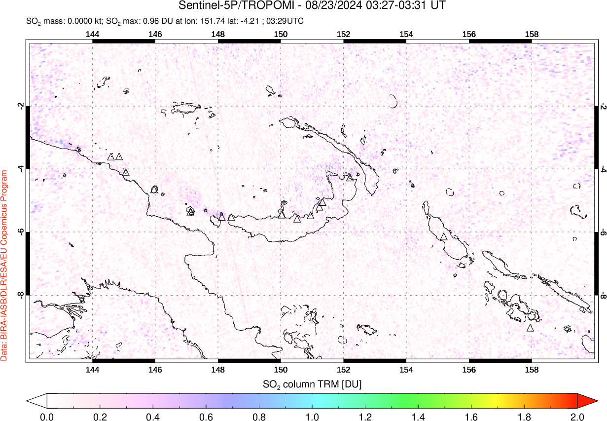 A sulfur dioxide image over Papua, New Guinea on Aug 23, 2024.