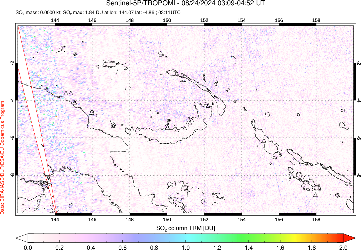 A sulfur dioxide image over Papua, New Guinea on Aug 24, 2024.