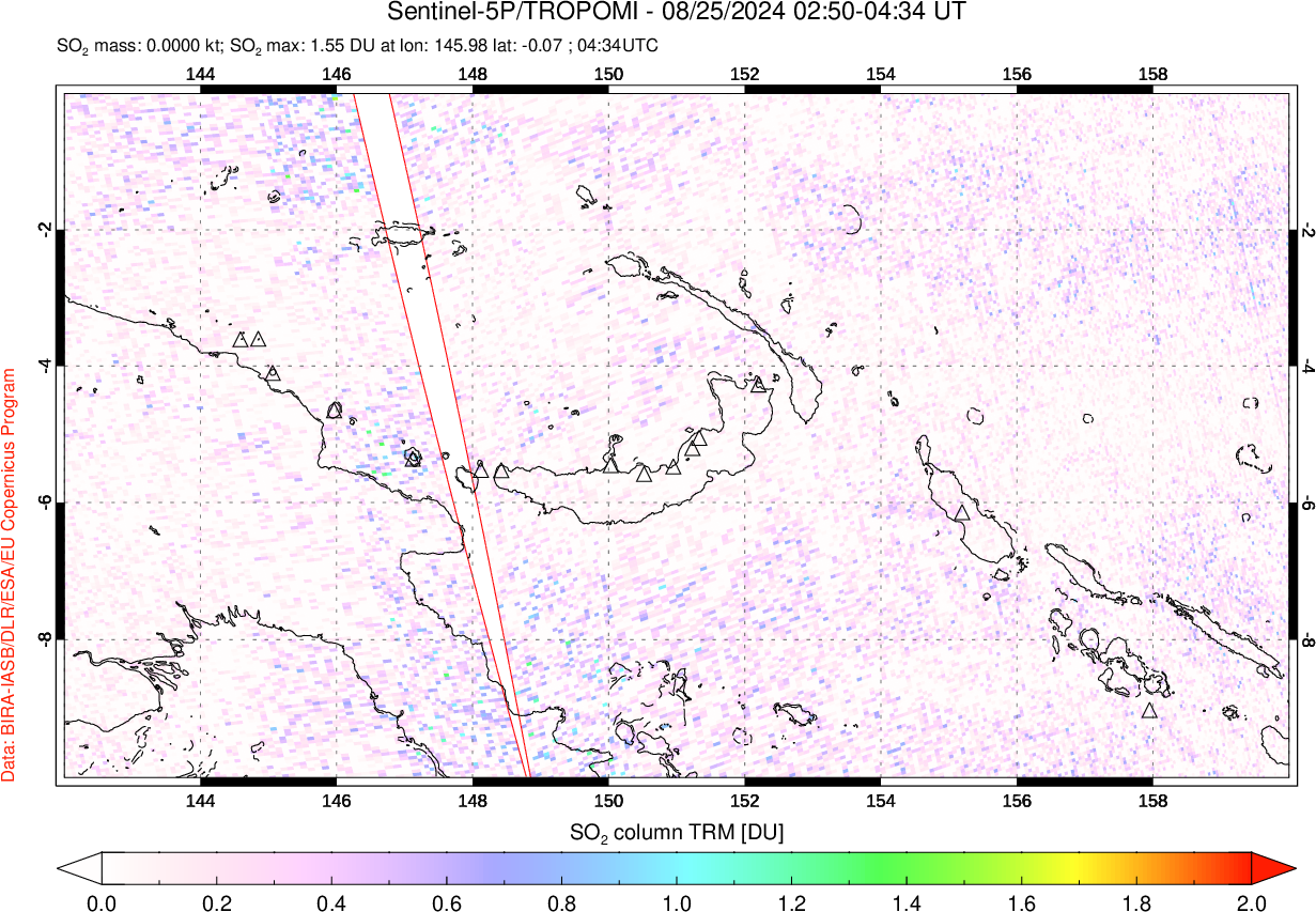 A sulfur dioxide image over Papua, New Guinea on Aug 25, 2024.