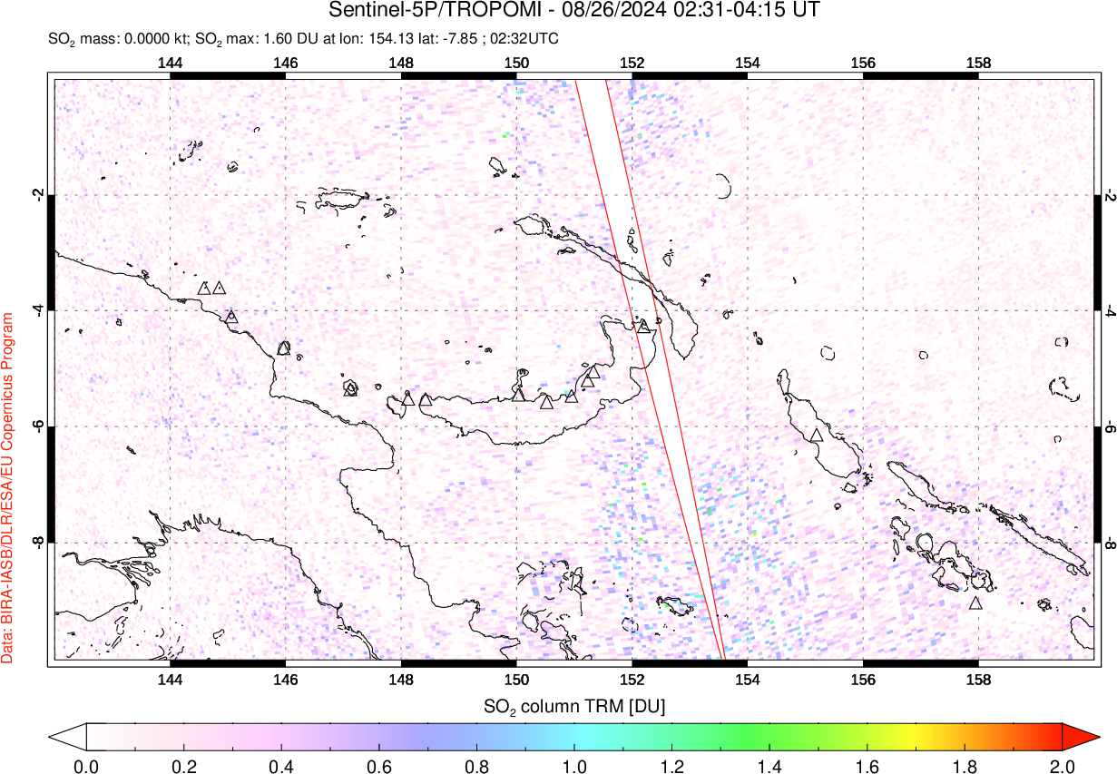 A sulfur dioxide image over Papua, New Guinea on Aug 26, 2024.