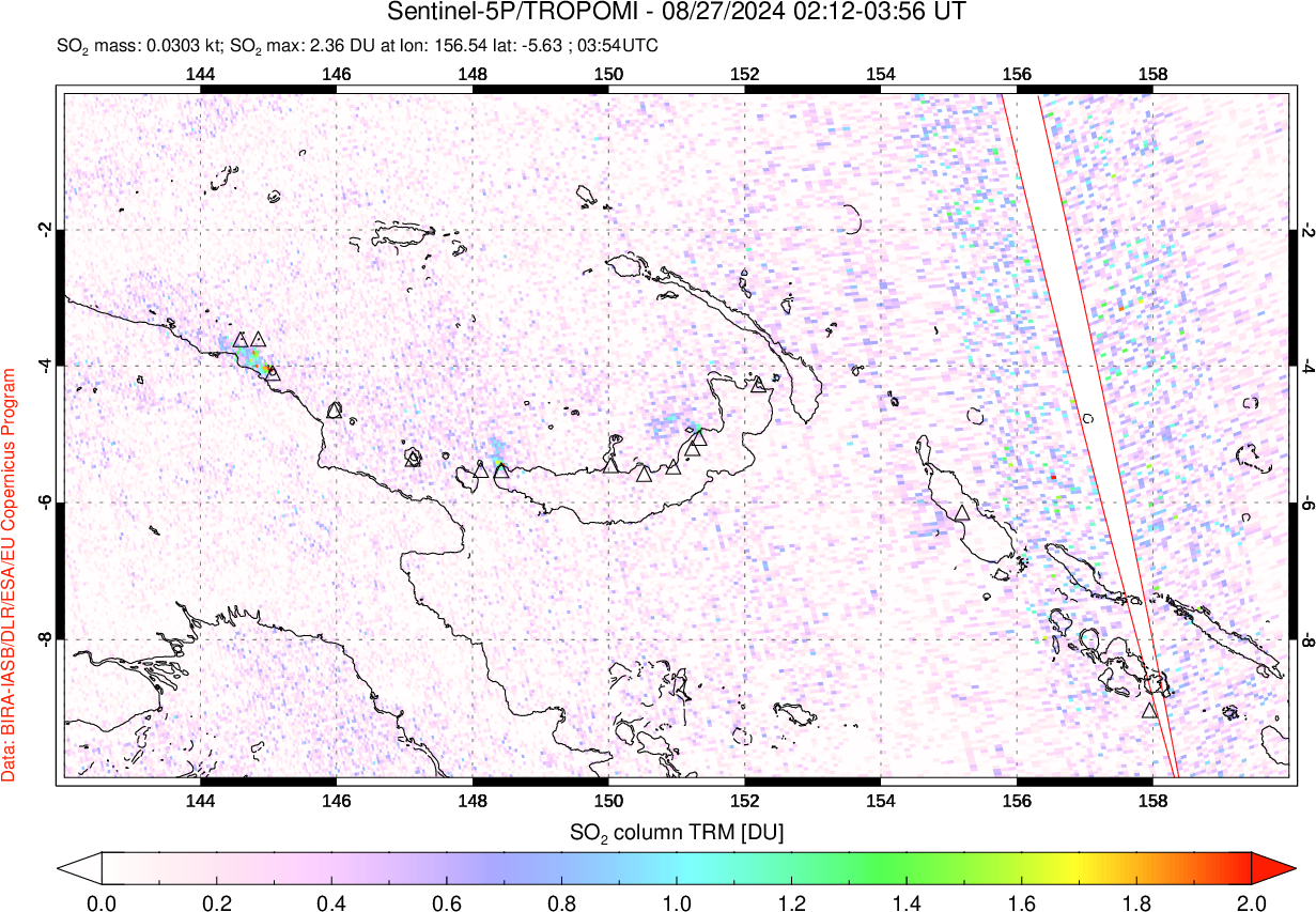 A sulfur dioxide image over Papua, New Guinea on Aug 27, 2024.