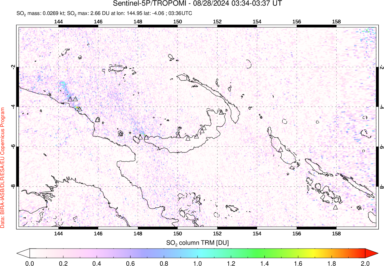 A sulfur dioxide image over Papua, New Guinea on Aug 28, 2024.